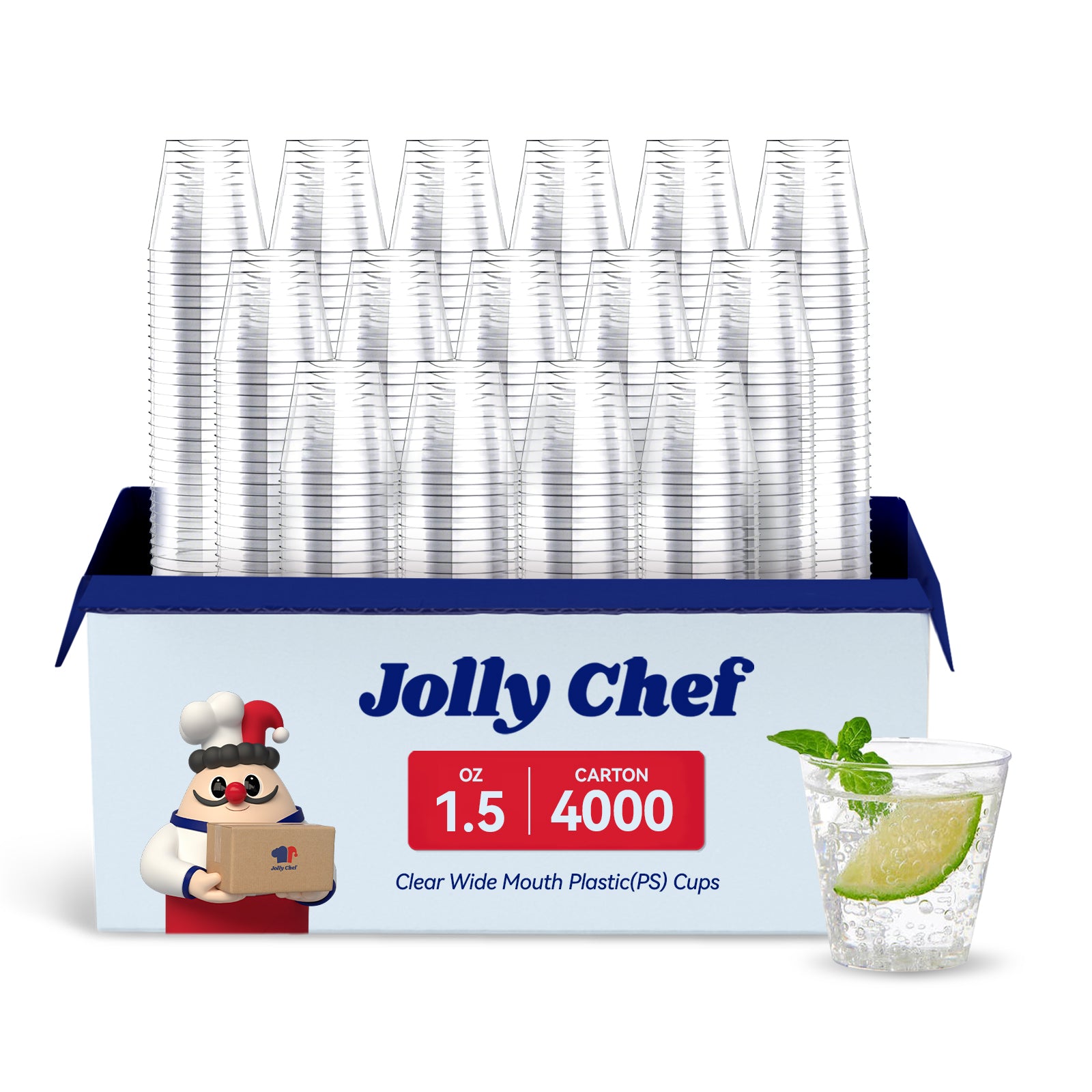 A pack of Jolly Chef 1.5- oz clear wide - mouth plastic (PS) cups, 4000 per carton, with a sample cup filled with a light - colored drink.
