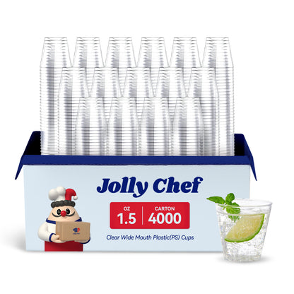 A pack of Jolly Chef 1.5- oz clear wide - mouth plastic (PS) cups, 4000 per carton, with a sample cup filled with a light - colored drink.