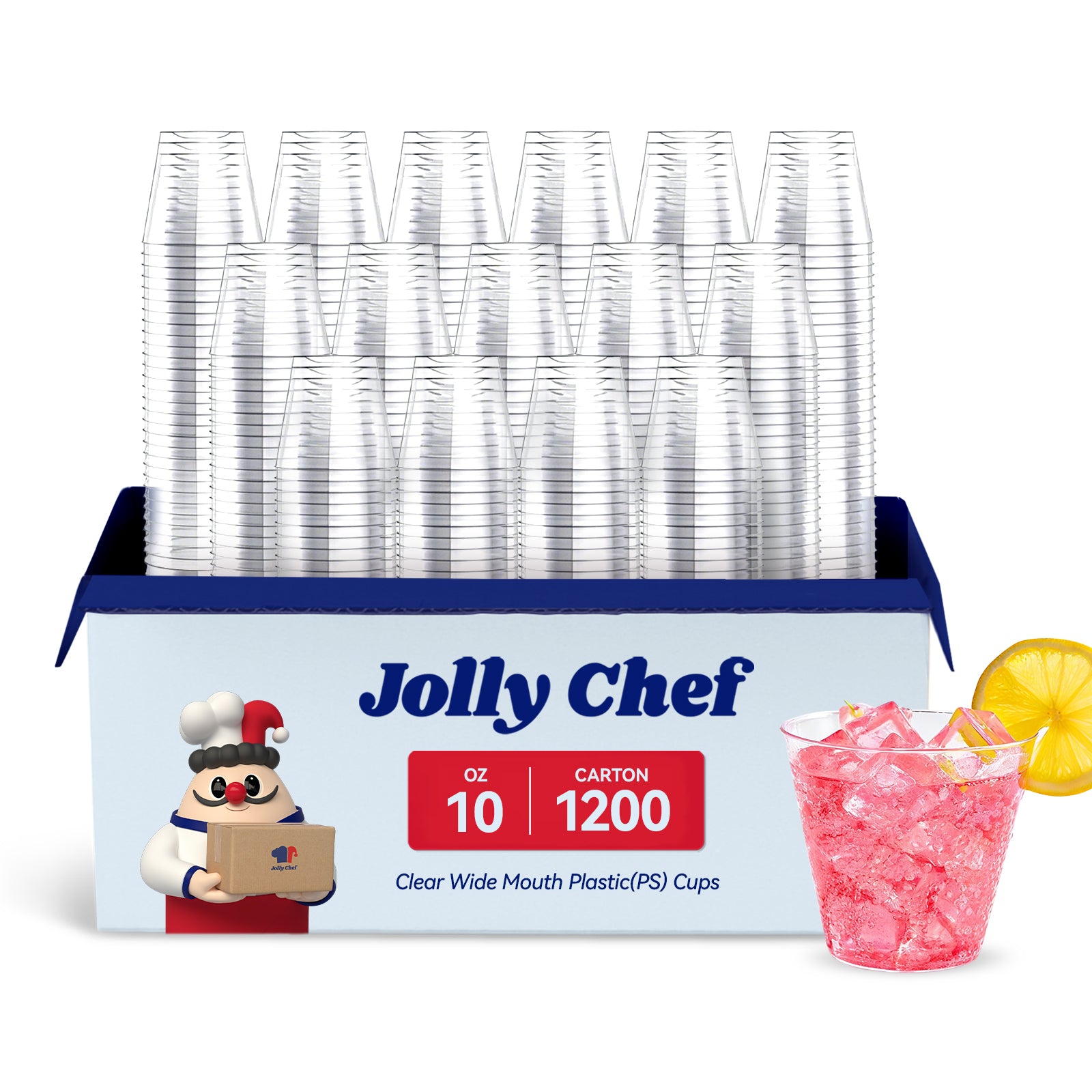 A pack of Jolly Chef 10 - oz clear wide - mouth plastic (PS) cups, 1200 per carton, with a sample cup filled with a light - colored drink.