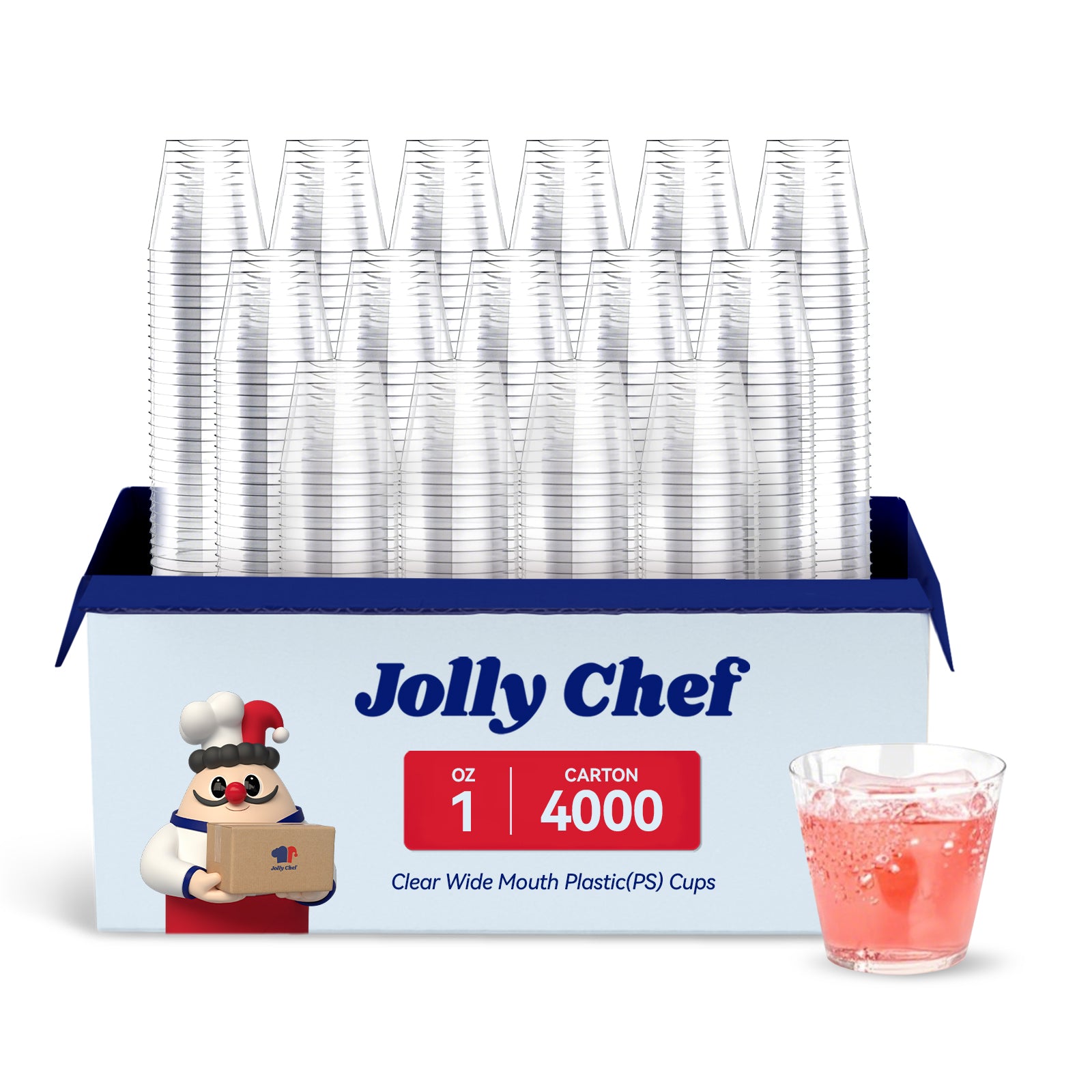 A pack of Jolly Chef 1 - oz clear wide - mouth plastic (PS) cups, 4000 per carton, with a sample cup filled with a light - colored drink.
