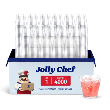 A pack of Jolly Chef 1 - oz clear wide - mouth plastic (PS) cups, 4000 per carton, with a sample cup filled with a light - colored drink.