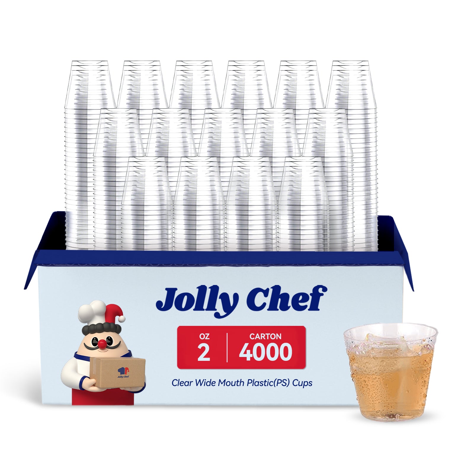 A pack of Jolly Chef 2 - oz clear wide - mouth plastic (PS) cups, 4000 per carton, with a sample cup filled with a light - colored drink.
