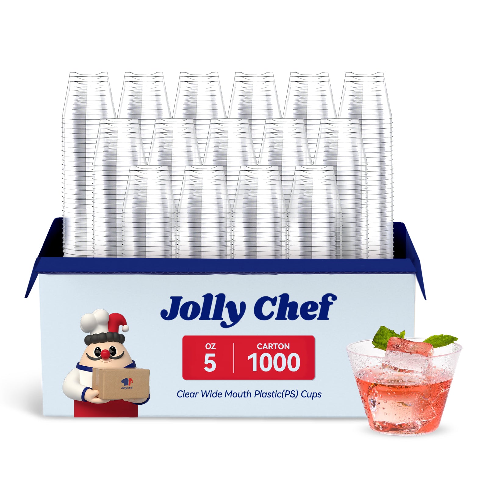 A pack of Jolly Chef 5 - oz clear wide - mouth plastic (PS) cups, 1000 per carton, with a sample cup filled with a light - colored drink.
