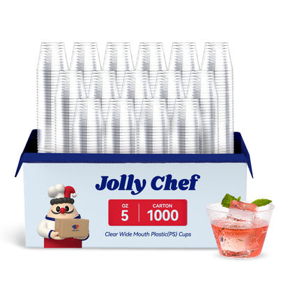 A pack of Jolly Chef 5 - oz clear wide - mouth plastic (PS) cups, 1000 per carton, with a sample cup filled with a light - colored drink.