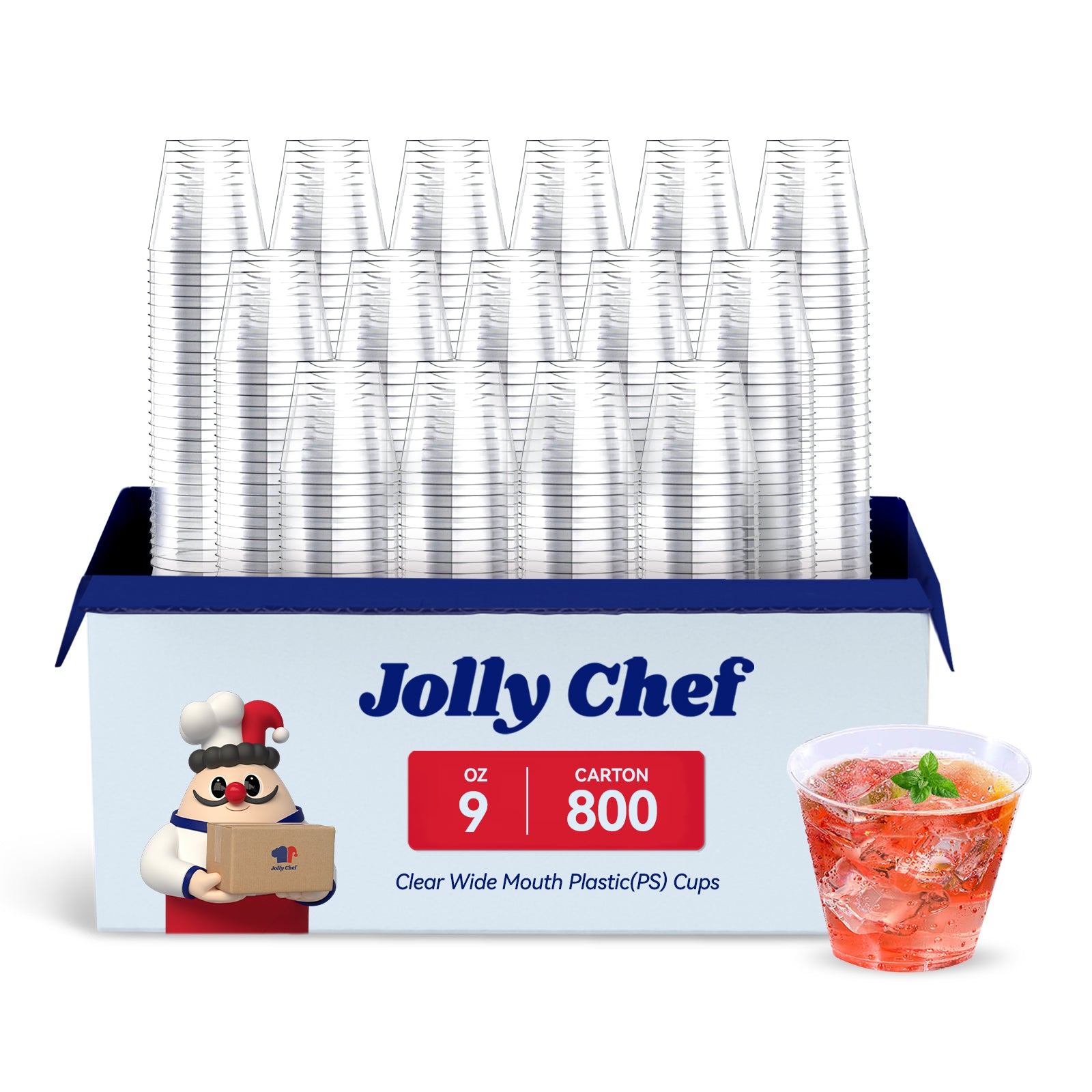 A pack of Jolly Chef 9 - oz clear wide - mouth plastic (PS) cups, 800 per carton, with a sample cup filled with a light - colored drink.