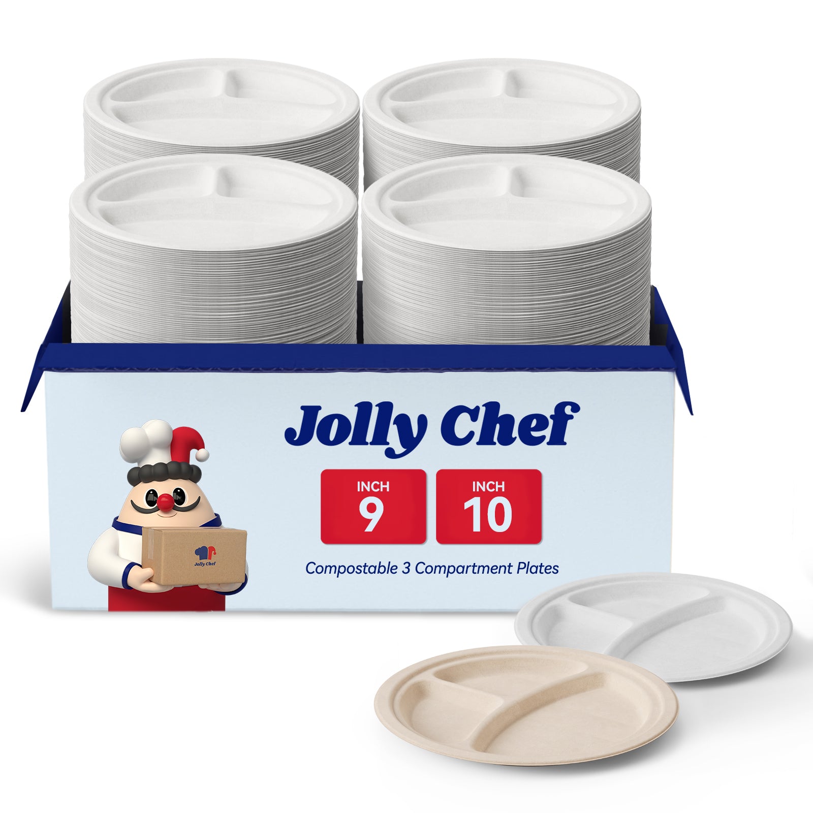 Jolly Chef compostable 3 - compartment plates in 9 - inch and 10 - inch sizes.