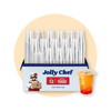 Jolly Chef clear plastic cups, 12 oz, 1000 count carton, with a full cup of iced tea.