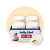 Jolly Chef carton of 200 gold rim plastic plates, with plates stacked inside and two plates with pasta outside.