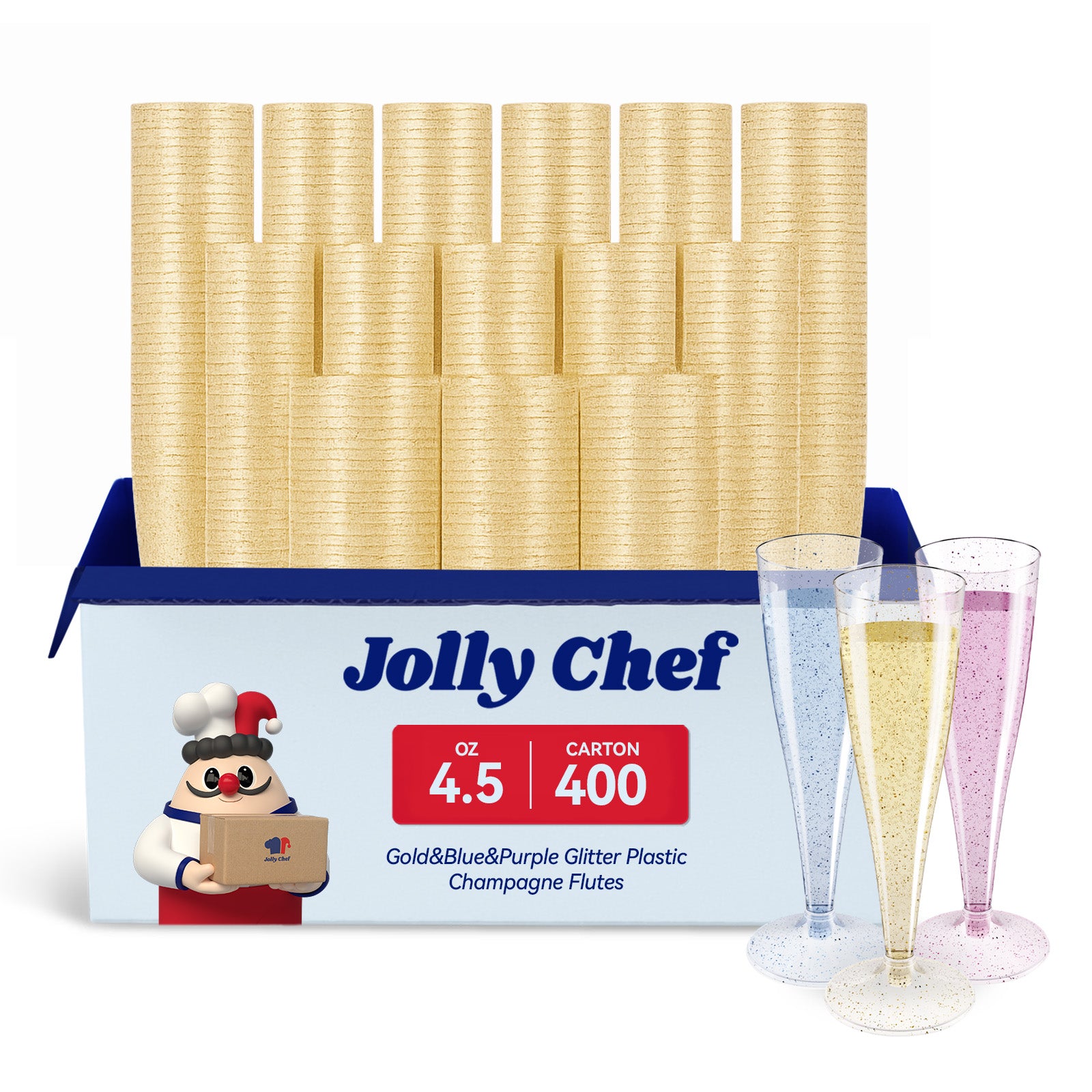 Jolly Chef 4.5 - oz gold, blue & purple glitter plastic champagne flutes (400 per carton). 