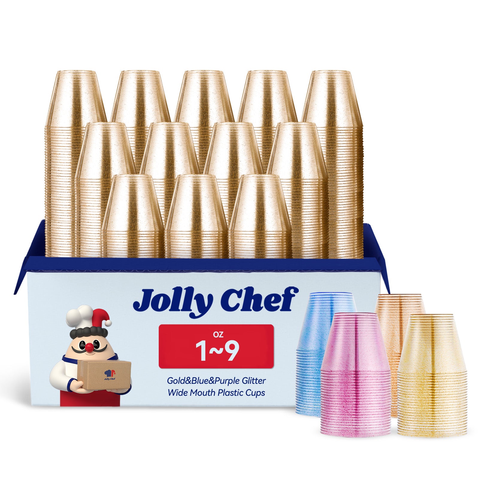 A pack of Jolly Chef 1 - 9 oz wide - mouth plastic cups with gold, blue, and purple glitter, displayed in a box with stacked cups and sample cups.