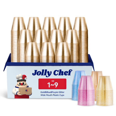 A pack of Jolly Chef 1 - 9 oz wide - mouth plastic cups with gold, blue, and purple glitter, displayed in a box with stacked cups and sample cups.