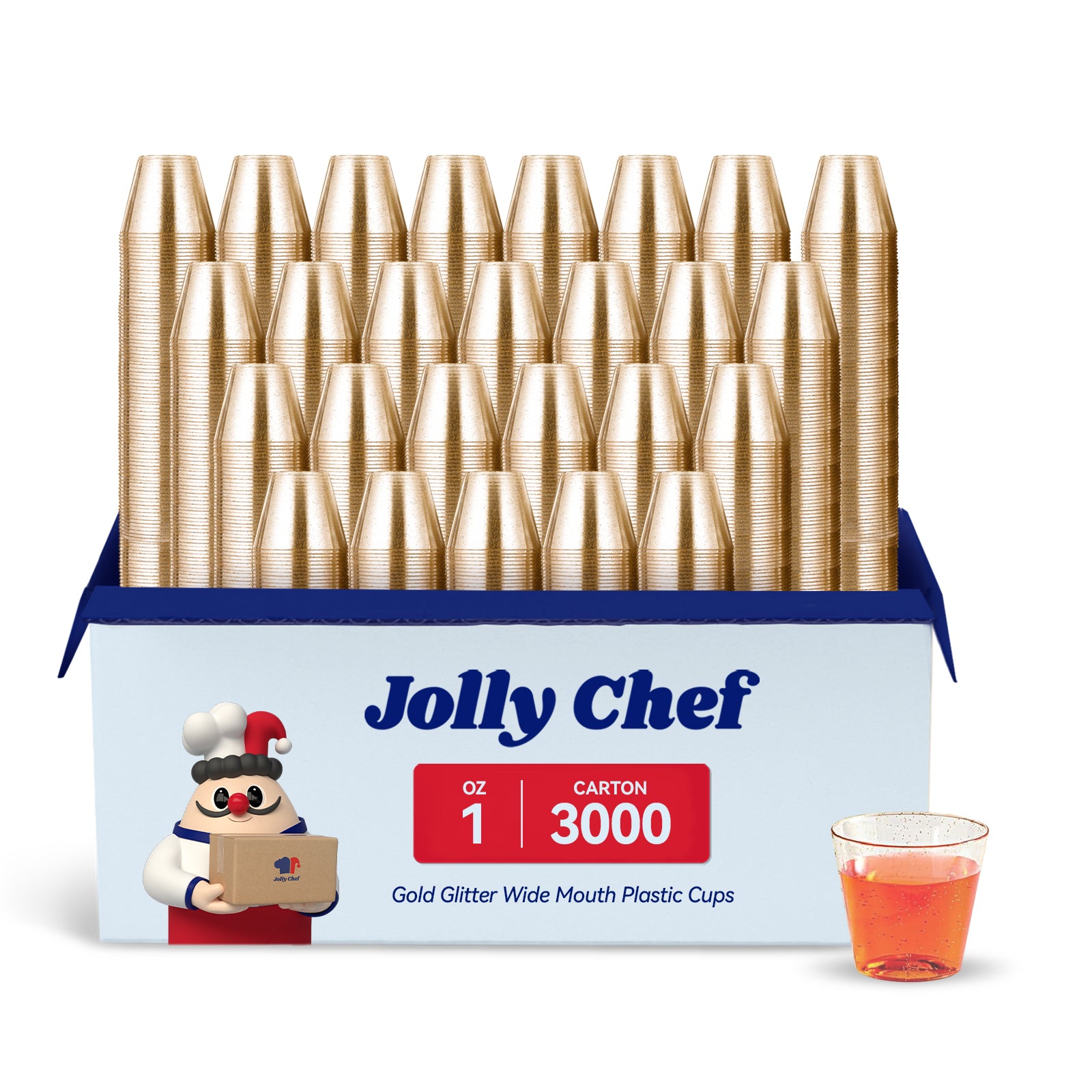 A pack of Jolly Chef 1 - oz gold glitter wide - mouth plastic cups, 3000 per carton, with a small sample cup of orange drink.