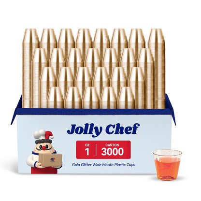 A pack of Jolly Chef 1 - oz gold glitter wide - mouth plastic cups, 3000 per carton, with a small sample cup of orange drink.