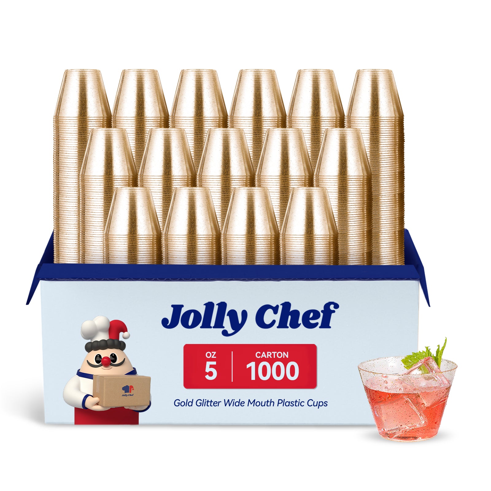 A pack of Jolly Chef 5 - oz gold glitter wide - mouth plastic cups (1000 per carton).