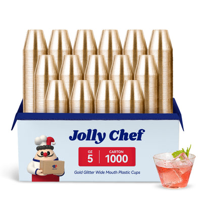 A pack of Jolly Chef 5 - oz gold glitter wide - mouth plastic cups (1000 per carton).