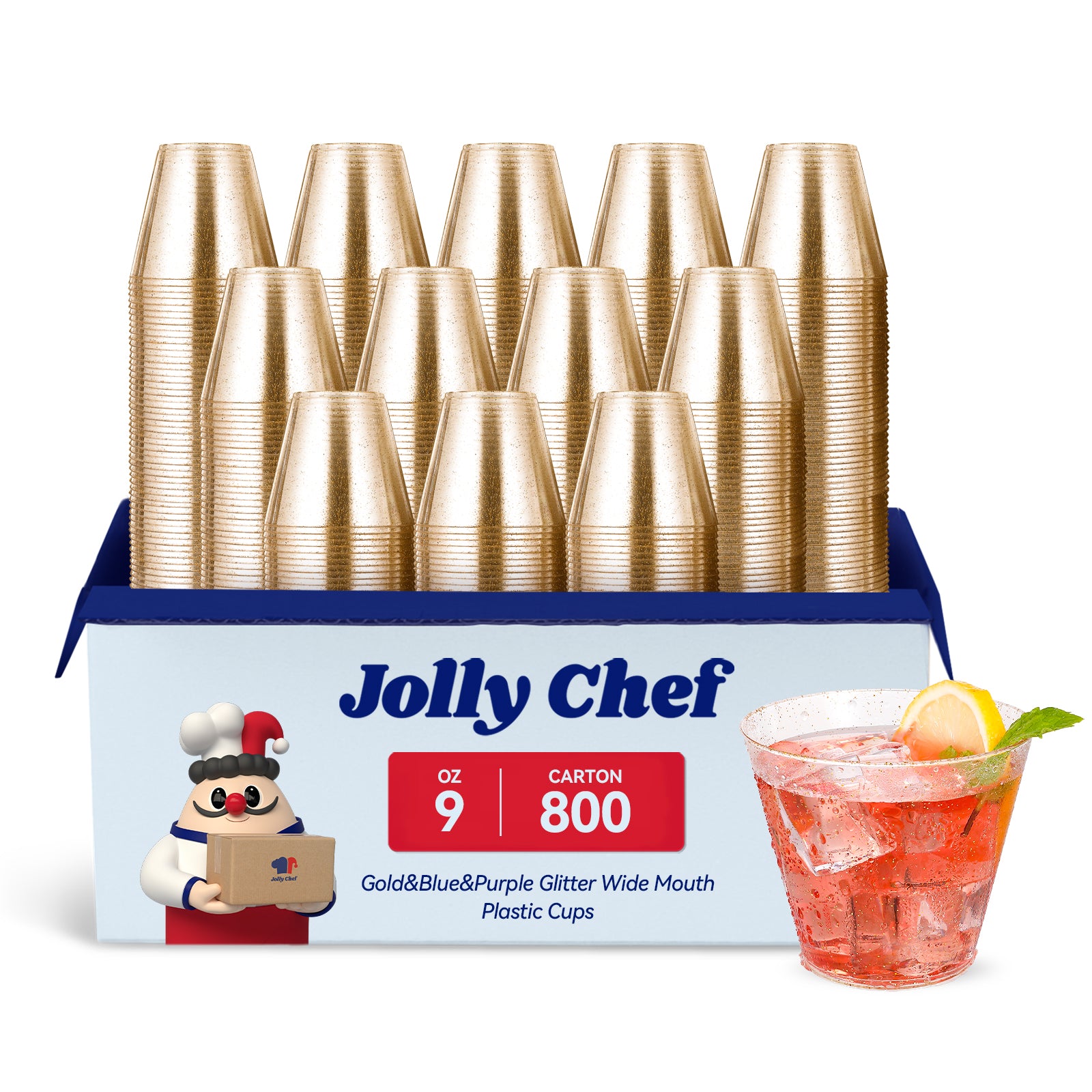 A pack of Jolly Chef 9 - oz gold glitter wide - mouth plastic cups (800 per carton), with a sample drink garnished with lemon and mint.