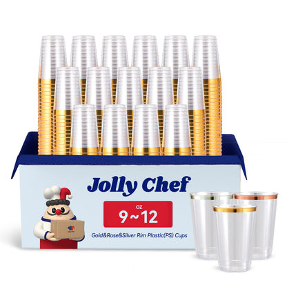 A pack of Jolly Chef 9 - 12 oz plastic (PS) cups with gold, rose, and silver rims, displayed in a box with sample cups shown.