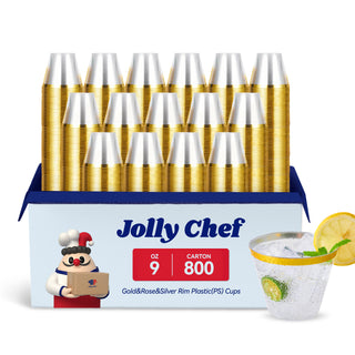 A pack of Jolly Chef 9 - oz plastic (PS) cups with gold, rose, and silver rims, 800 per carton.