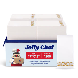 A pack of Jolly Chef disposable hand towels, 17"X12" in size, 1200 per carton, made of golden - stripe linen - feel paper.