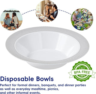 12oz White with Silver Rim Wide Rim Elegant Functional Plastic Bowls - Parties & Catering - Jolly Chef - JOLLYCHEF