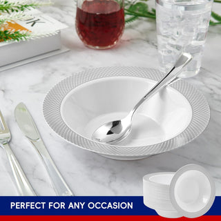 12oz White with Silver Rim Wide Rim Elegant Functional Plastic Bowls - Parties & Catering - Jolly Chef - JOLLYCHEF
