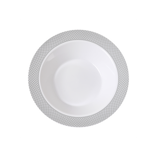 Jolly Chef white bowl with a vibrant silver geometric patterned rim.