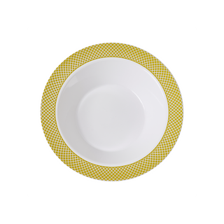 Jolly Chef white bowl with a vibrant yellow geometric patterned rim.