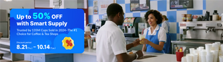 Diner scene: Waitress hands customer a drink. Smart Supply cups sale: Up to 50% off. Discount period: 8.21-10.14.