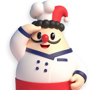 Cartoon chef with a red nose, chef's hat, and mustache saluting.