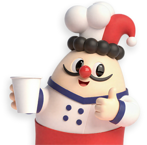 3D chef character with Santa hat holding cup and giving thumbs up.