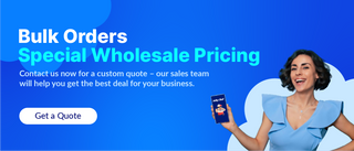 Bulk orders special wholesale pricing; contact us for a custom quote. Woman holding Jolly Chef phone.