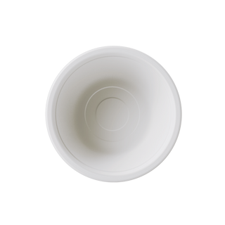 Aerial view of a simple, round, beige Jolly Chef compostable white bowl with a smooth texture and minimalistic design, set against a black background.