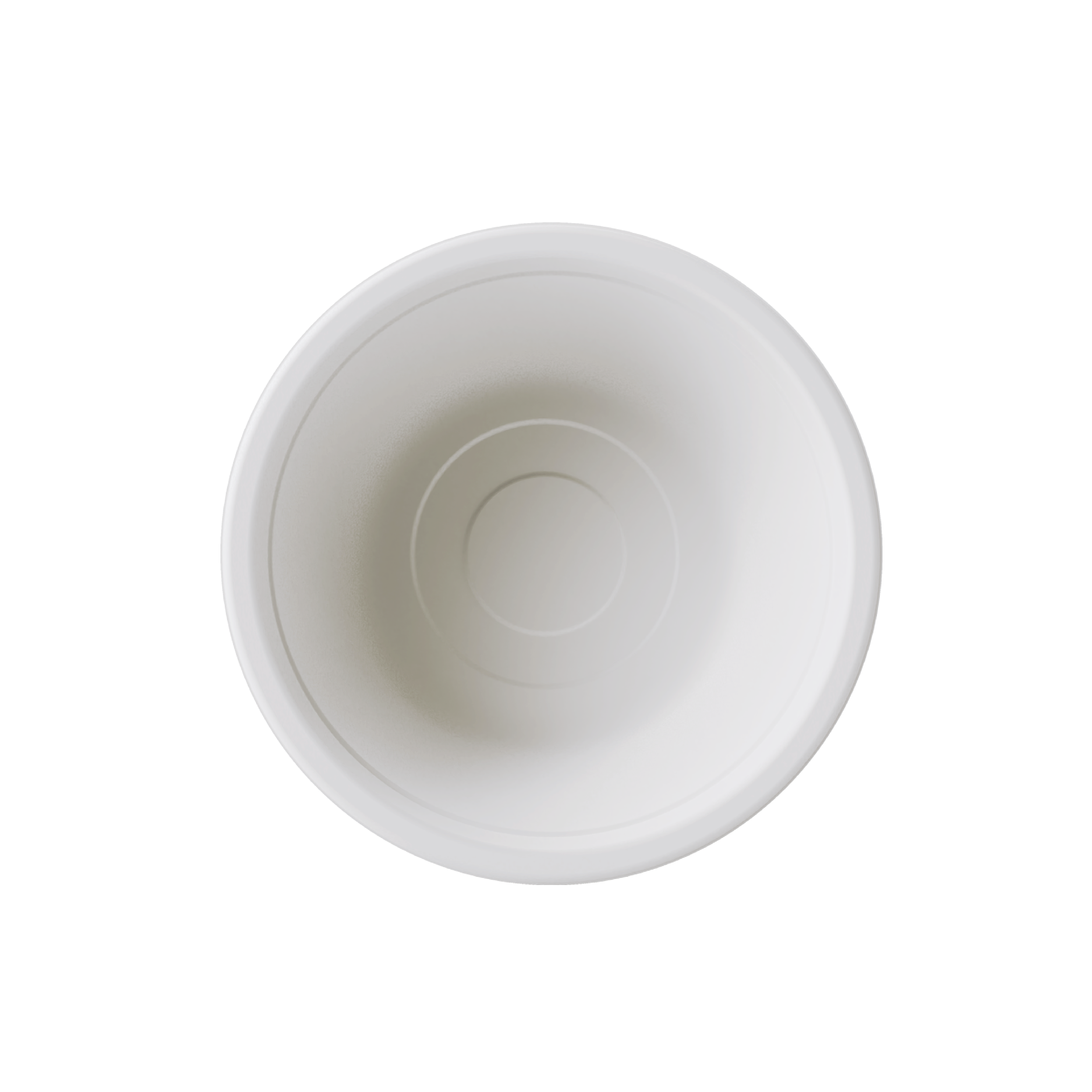 Aerial view of a simple, round, beige Jolly Chef compostable white bowl with a smooth texture and minimalistic design, set against a black background.