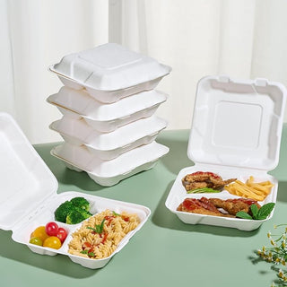 White 3 - Compartment Microwave - Safe Compostable Take Out Food Containers with Lids - Office Lunches & Picnics – Jolly Chef - JOLLYCHEF
