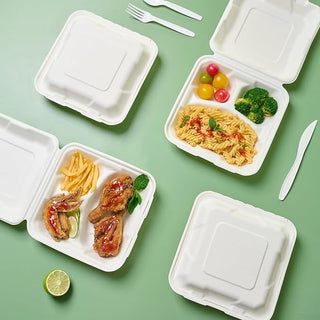 White 3 - Compartment Microwave - Safe Compostable Take Out Food Containers with Lids - Office Lunches & Picnics – Jolly Chef - JOLLYCHEF