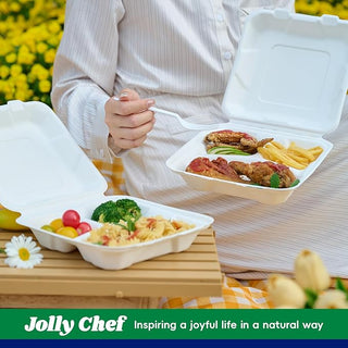 White 3 - Compartment Microwave - Safe Compostable Take Out Food Containers with Lids - Office Lunches & Picnics – Jolly Chef - JOLLYCHEF