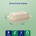 Natural sugarcane clamshell to-go box, 9x6x3 inches, made from sugarcane, BPA-free, gluten-free, biodegradable & reusable.