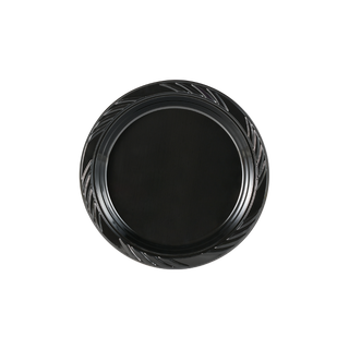 Jolly Chef Whirl Pattern Rim Plastic(PS) black Plates a decorative leaf pattern around the rim, showcasing a smooth, glossy surface.