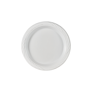 Jolly Chef Whirl Pattern Rim Plastic(PS) white Plates with a subtle embossed leaf design around the rim, viewed from above.