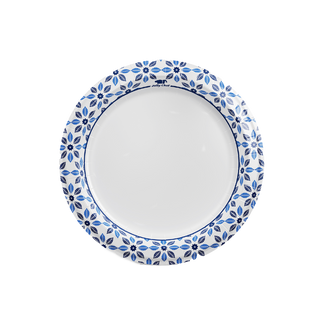 A round jolly chef paper plate with a blue floral design around the edge, featuring a plain white center.