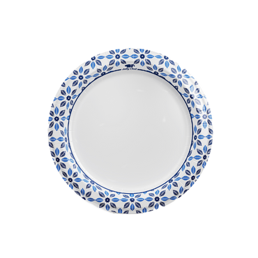 A round jolly chef paper plate with a blue floral design around the edge, featuring a plain white center.