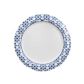 A jolly chef round paper plate with a blue floral pattern and a white center, featuring the brand name "Jolly Chef" at the top.