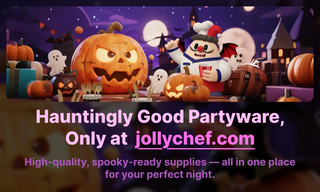 Jollychef Halloween partyware: Pumpkin decorations, chef mascot, and spooky supplies for a perfect Halloween night.