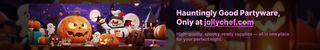 Halloween partyware: Jack-o'-lanterns, ghosts, and a chef cartoon. Jollychef.com.
