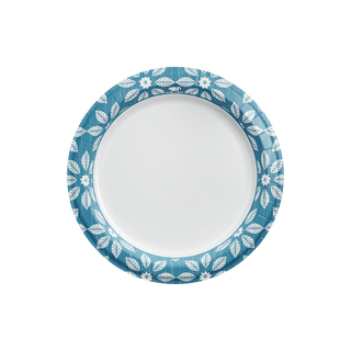 Jolly Chef Blue Leaf Pattern Rim Paper Plates with a floral and leaf pattern along the edge, featuring a white center suitable for serving food.