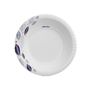 A round white Jolly Chef paper plate with a decorative blue and yellow leaf pattern.