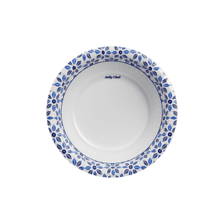 A round paper plate by Jolly Chef, featuring a white center and a decorative blue floral and leaf pattern along the edge.