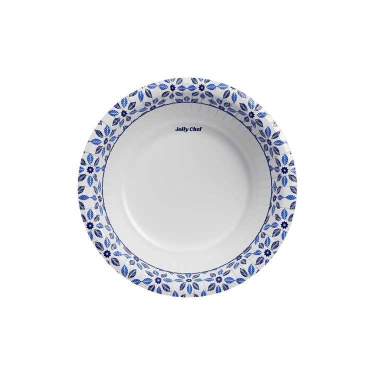 A round paper plate by Jolly Chef, featuring a white center and a decorative blue floral and leaf pattern along the edge.