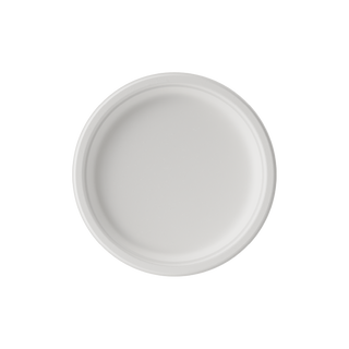 A jolly chef plain, white circular plate viewed from above, set against a transparent checkered background.