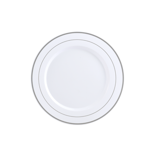 Jolly Chef Gold&Silver Rim Plastic(PS) Plates with a sleek silver rim, viewed from above, showcasing its simple and elegant design.